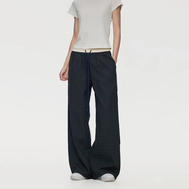 Damen Weite Relaxed-Loungehose mit Tunnelzugbund, Karo-Check & Eingrifftaschen Drune