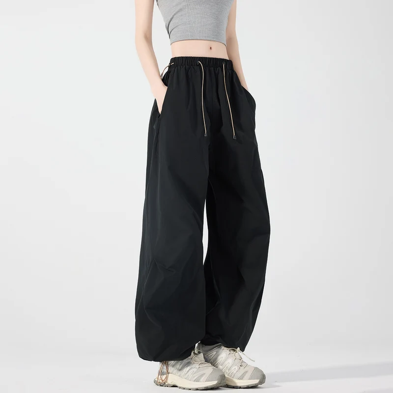 Damen Weite Nylon-Baggyhose mit elastischem Tunnelzugbund & Utility‑Taschen Drune