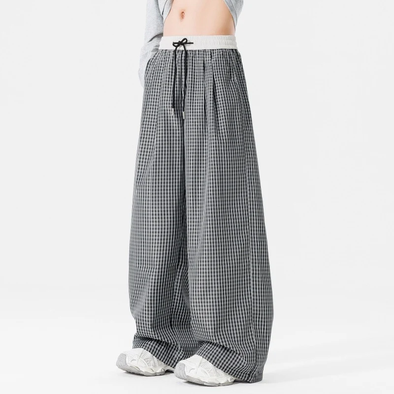 Damen Weite karierte Palazzo-Hose mit elastischem Bund, Tunnelzug & Oversize-Silhouette Drune