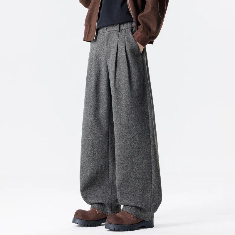 Damen Weite High‑Waist Plissee-Hose aus Wollmix mit elastischem Bund und weitem Bein Drune