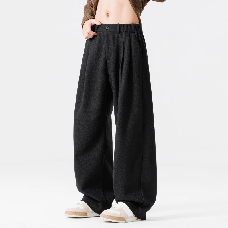Damen Weite High‑Waist Plissee-Hose aus Wollmix mit elastischem Bund und weitem Bein Drune