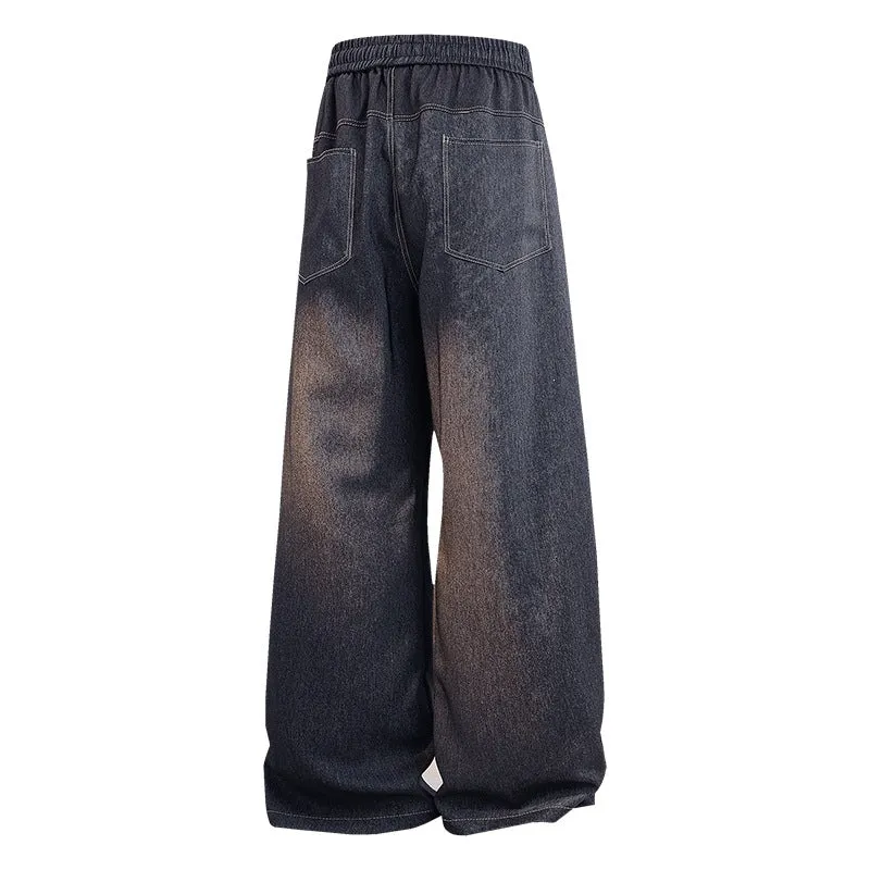 Damen Weite Denim-Hose mit elastischem Bund, Tunnelzug und vertikalen Ziernähten Drune