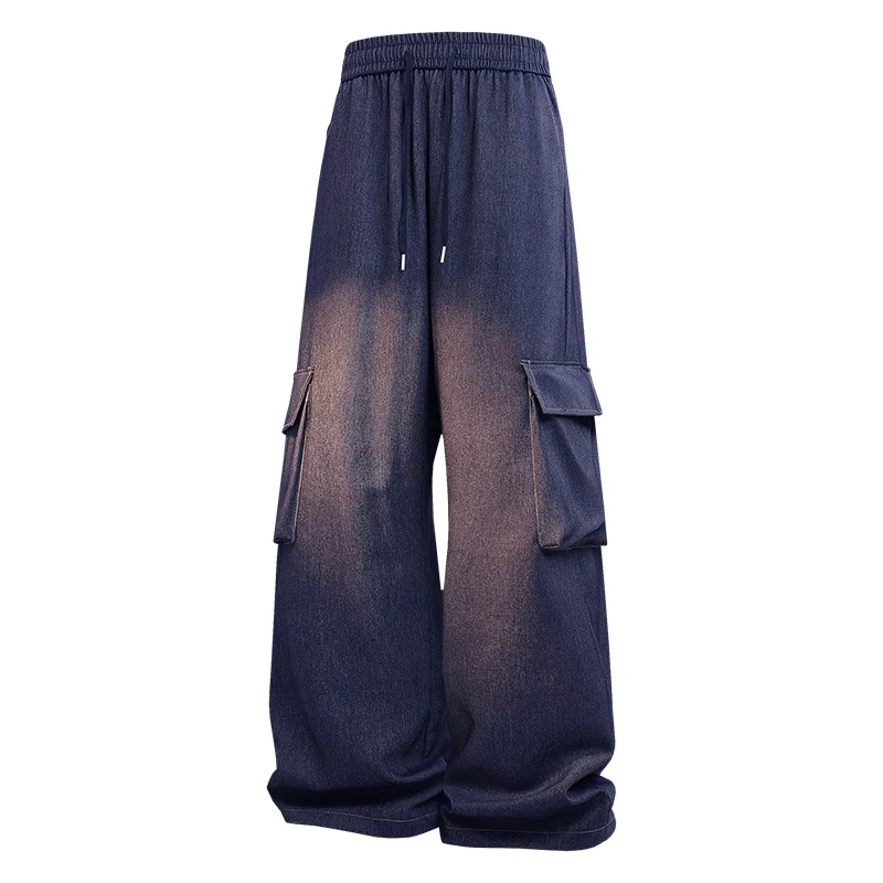Damen Weite Denim-Cargo-Hose im Baggy-Stil mit Elastbund, Tunnelzug und aufgesetzten Klappentaschen Drune