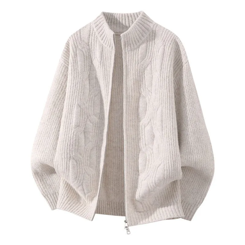 Damen Weicher Oversize‑Zopfmuster‑Cardigan mit Stehkragen & Zwei‑Wege‑Reißverschluss Drune
