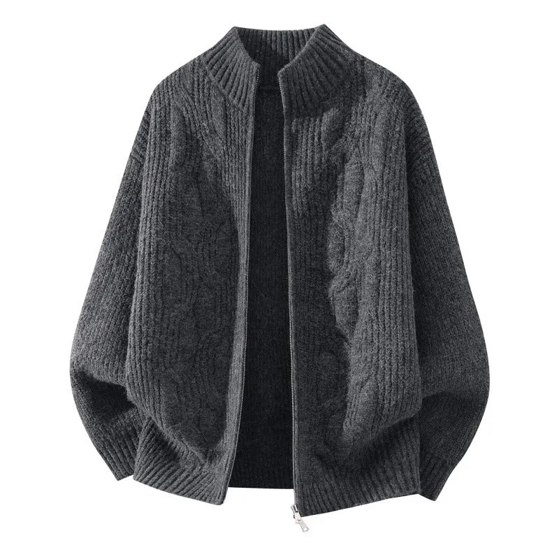 Damen Weicher Oversize‑Zopfmuster‑Cardigan mit Stehkragen & Zwei‑Wege‑Reißverschluss Drune