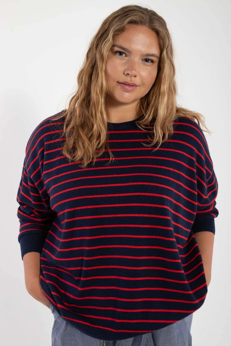 Danemeadow Cotton Knit Sweater Dk Navy/Summer Red