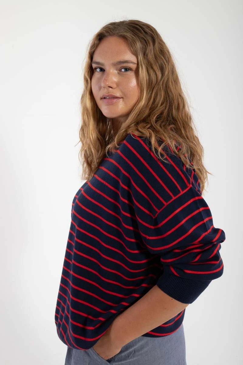 Danemeadow Cotton Knit Sweater Dk Navy/Summer Red