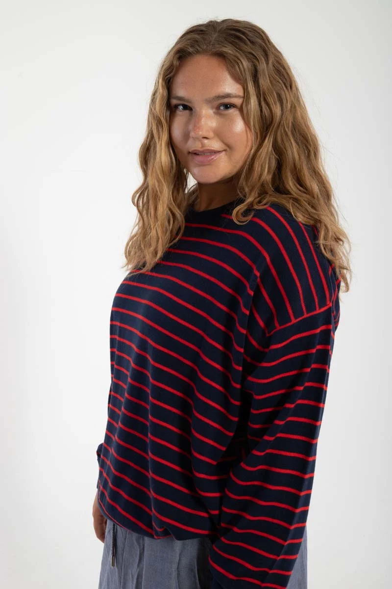 Danemeadow Cotton Knit Sweater Dk Navy/Summer Red