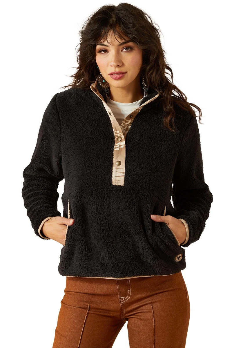 Berber Snap Damen Pullover mit 1/2-Knopfleiste Black XL