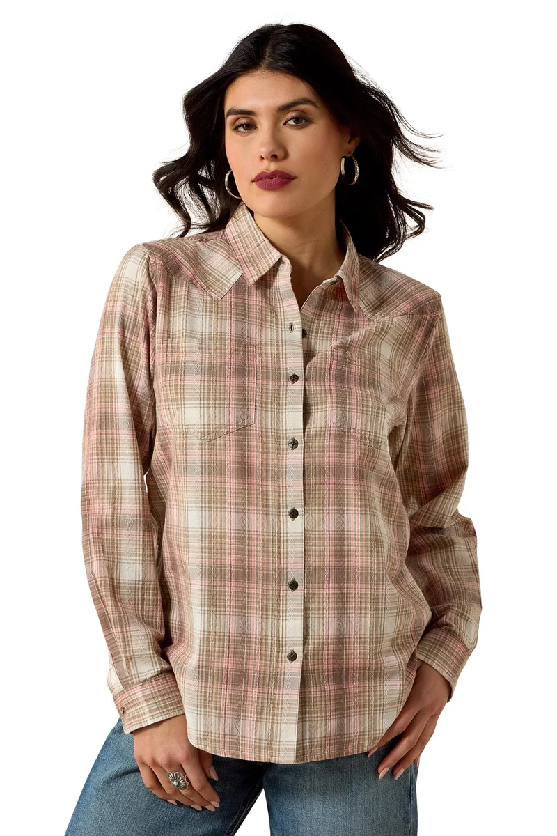 Billie Jean Damen Hemdbluse mit langen Ärmeln White Pepper Coral Plaid XS