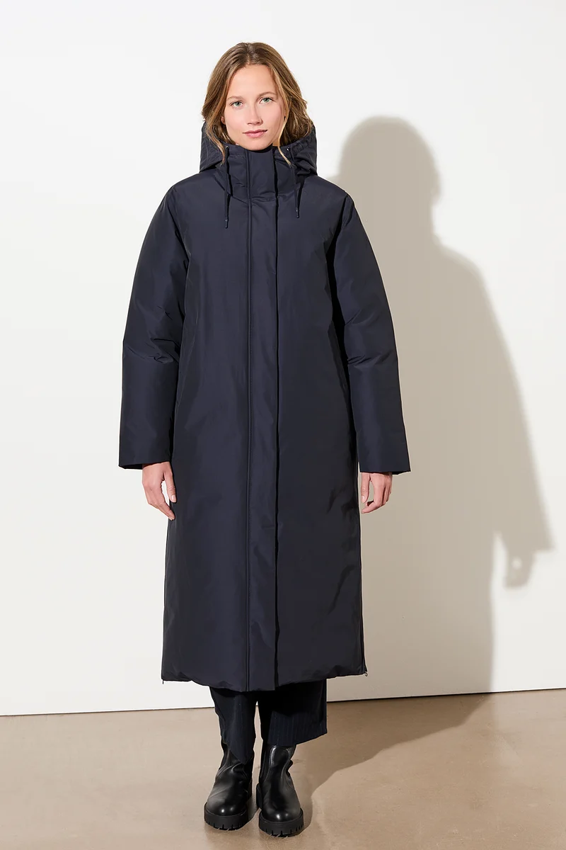 Langer Mantel aus Eco Daune mit Kapuze (Navy)