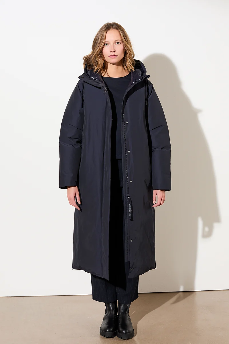 Langer Mantel aus Eco Daune mit Kapuze (Navy)