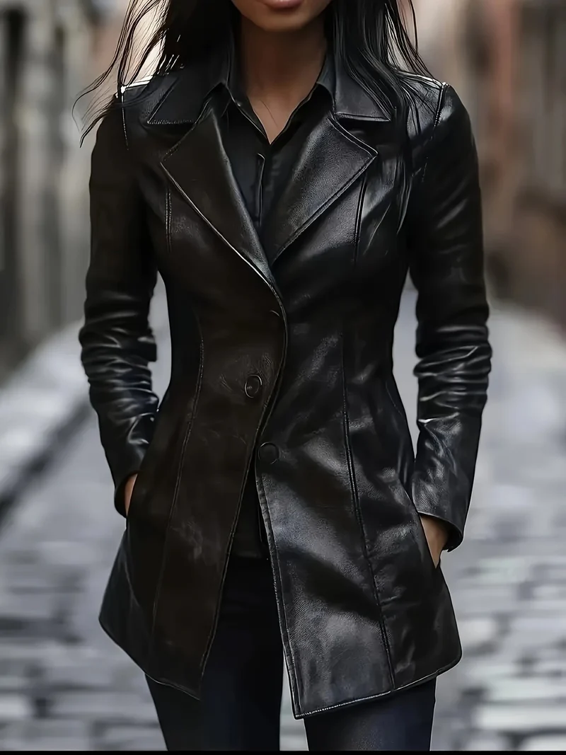 Camille | Elegant Mid-Length Faux-Leather Trench Coat
