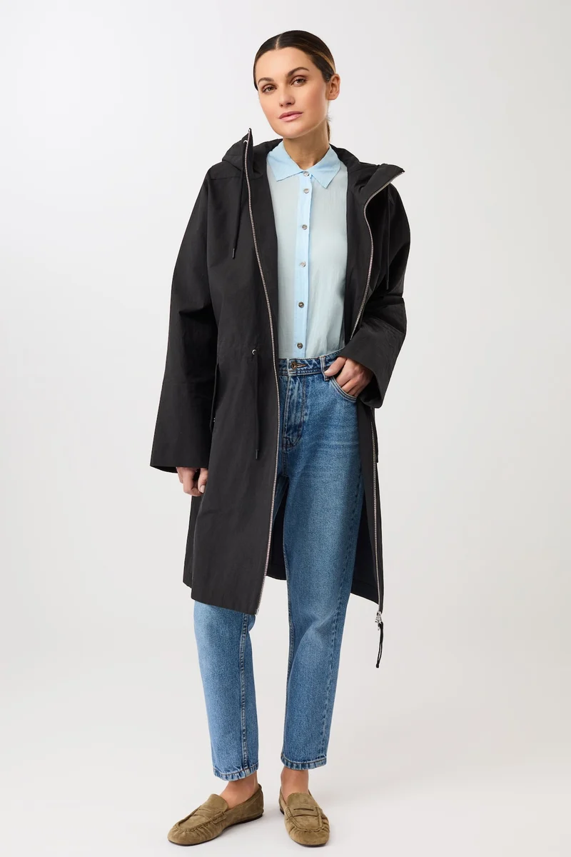 Langer Parka mit seitlichen Drucknöpfen und Ärmelaufschlag (Black)