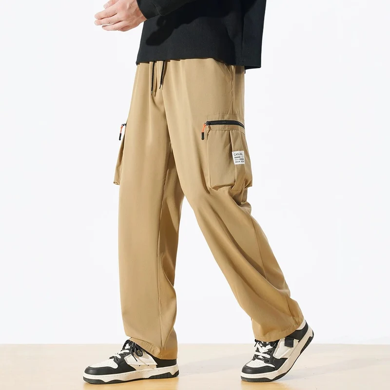 Herren Locker geschnittene Utility‑Cargohose mit Tunnelzugbund, Reißverschluss‑Beintaschen & geradem Bein Drune