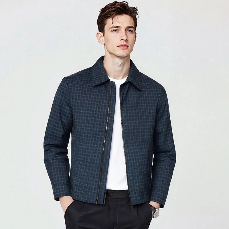 Herren Leichtes kariertes Overshirt-Jackett mit verdecktem Zwei-Wege-Reißverschluss und Hemdkragen Drune