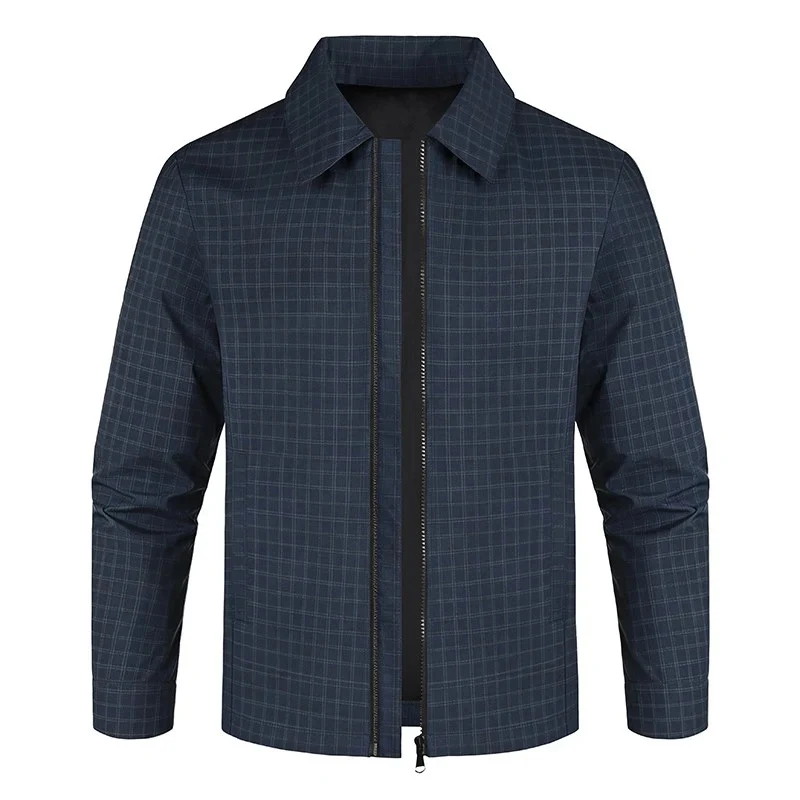 Herren Leichtes kariertes Overshirt-Jackett mit verdecktem Zwei-Wege-Reißverschluss und Hemdkragen Drune