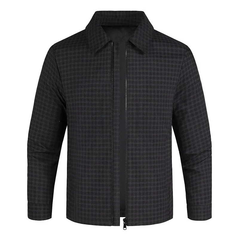 Herren Leichtes kariertes Overshirt-Jackett mit verdecktem Zwei-Wege-Reißverschluss und Hemdkragen Drune