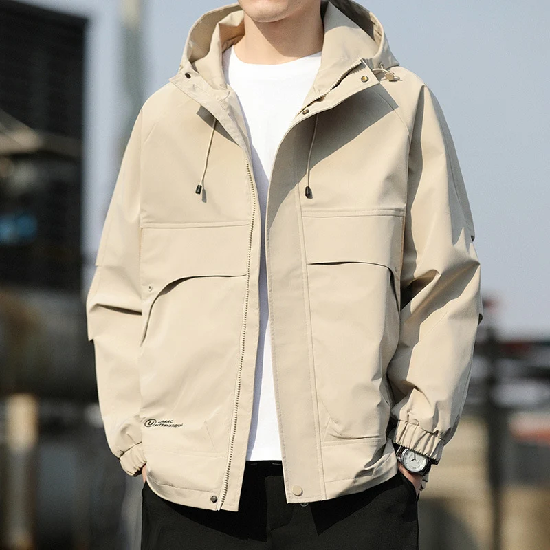 Herren Leichte Kapuzen-Utility-Windjacke mit großen Pattentaschen und elastischen Bündchen Drune