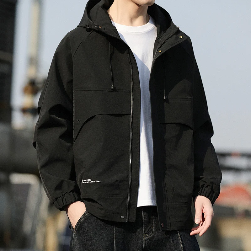 Herren Leichte Kapuzen-Utility-Windjacke mit großen Pattentaschen und elastischen Bündchen Drune