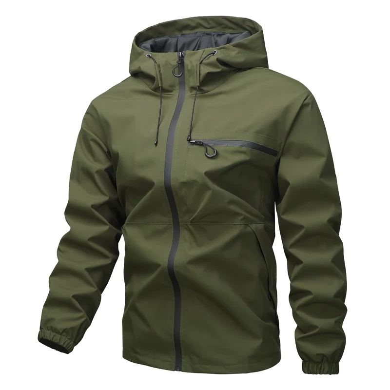 Herren Leichte dreilagige Softshell-Regenjacke mit verschweißten Reißverschlüssen, Kapuze und Brustreißverschluss Drune
