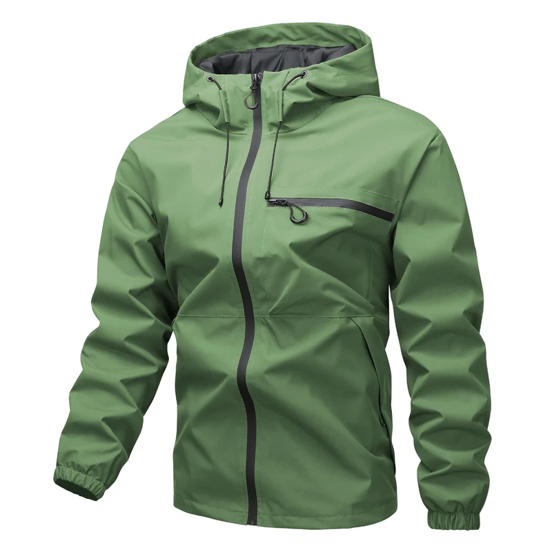 Herren Leichte dreilagige Softshell-Regenjacke mit verschweißten Reißverschlüssen, Kapuze und Brustreißverschluss Drune