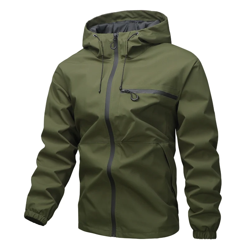 Herren Leichte dreilagige Softshell-Regenjacke mit verschweißten Reißverschlüssen, Kapuze und Brustreißverschluss Drune