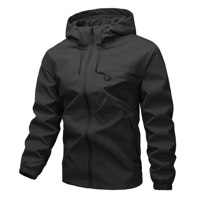 Herren Leichte dreilagige Softshell-Regenjacke mit verschweißten Reißverschlüssen, Kapuze und Brustreißverschluss Drune