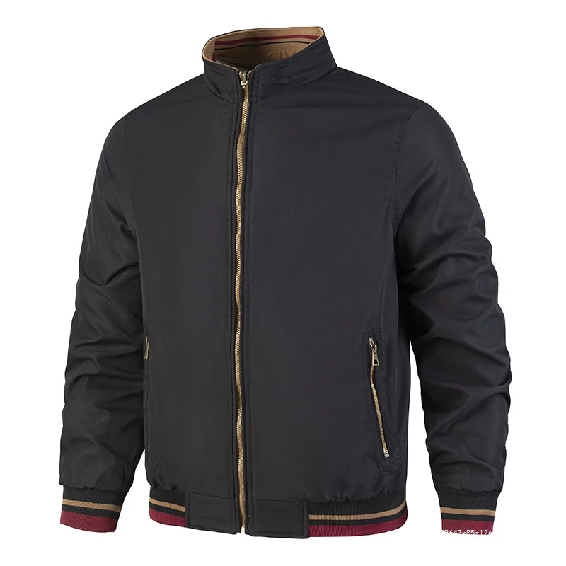 Herren Leichte Bomberjacke im Vintage‑Look mit Stehkragen, Reißverschlusstaschen und gestreiften Rippbündchen Drune