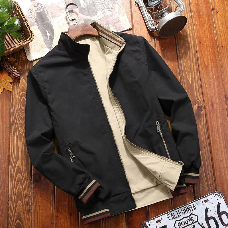 Herren Leichte Bomberjacke im Vintage‑Look mit Stehkragen, Reißverschlusstaschen und gestreiften Rippbündchen Drune