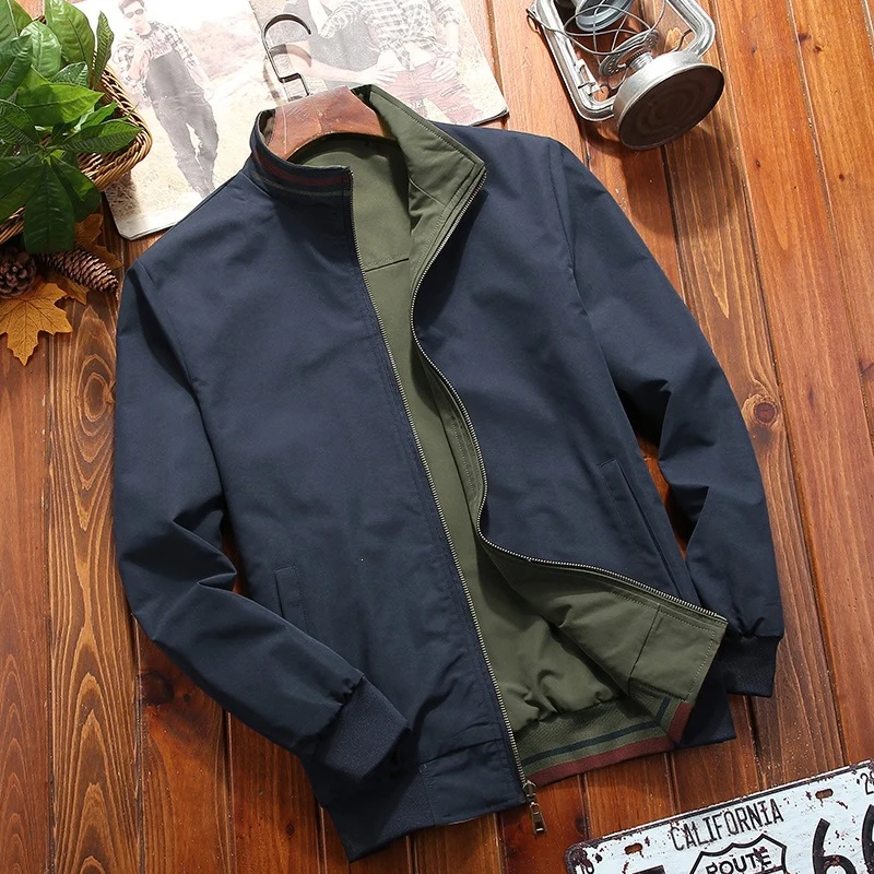 Herren Leichte Bomberjacke im Vintage‑Look mit Stehkragen, Reißverschlusstaschen und gestreiften Rippbündchen Drune
