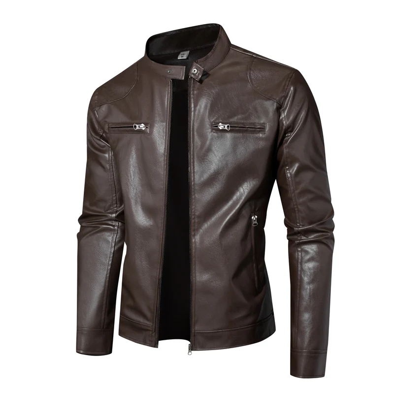 Herren Lederjacke im Bikerstil mit Stehkragen und Reißverschlusstaschen Drune