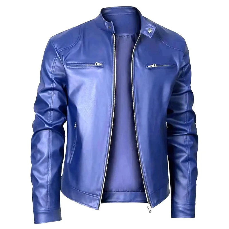 Herren Lederjacke im Bikerstil mit Stehkragen und Reißverschlusstaschen Drune