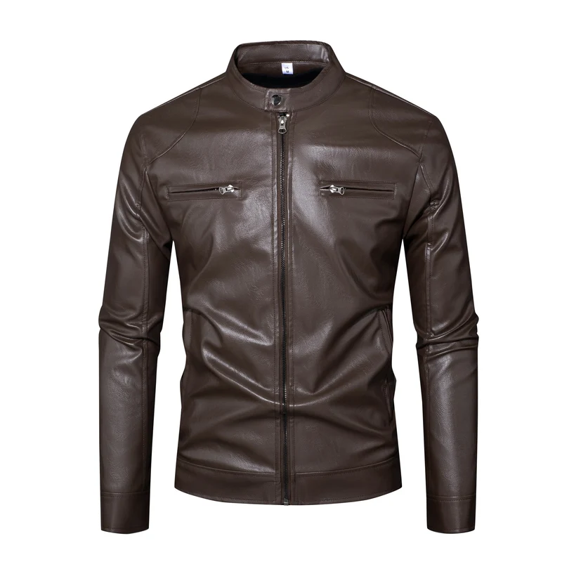 Herren Lederjacke im Bikerstil mit Stehkragen und Reißverschlusstaschen Drune
