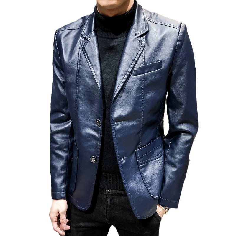 Herren Lässiges Slim-Fit Kunstleder-Sakko mit Reverskragen und aufgesetzten Taschen Drune
