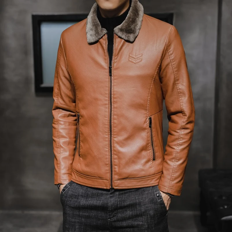 Herren Lässige Lederoptik-Jacke mit Teddykragen, Reißverschlusstaschen und schmaler Silhouette Drune
