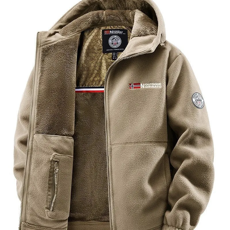 Herren Kuschelige Fleece‑Kapuzenjacke mit Teddyfutter, windabweisend und Reißverschlusstaschen Drune