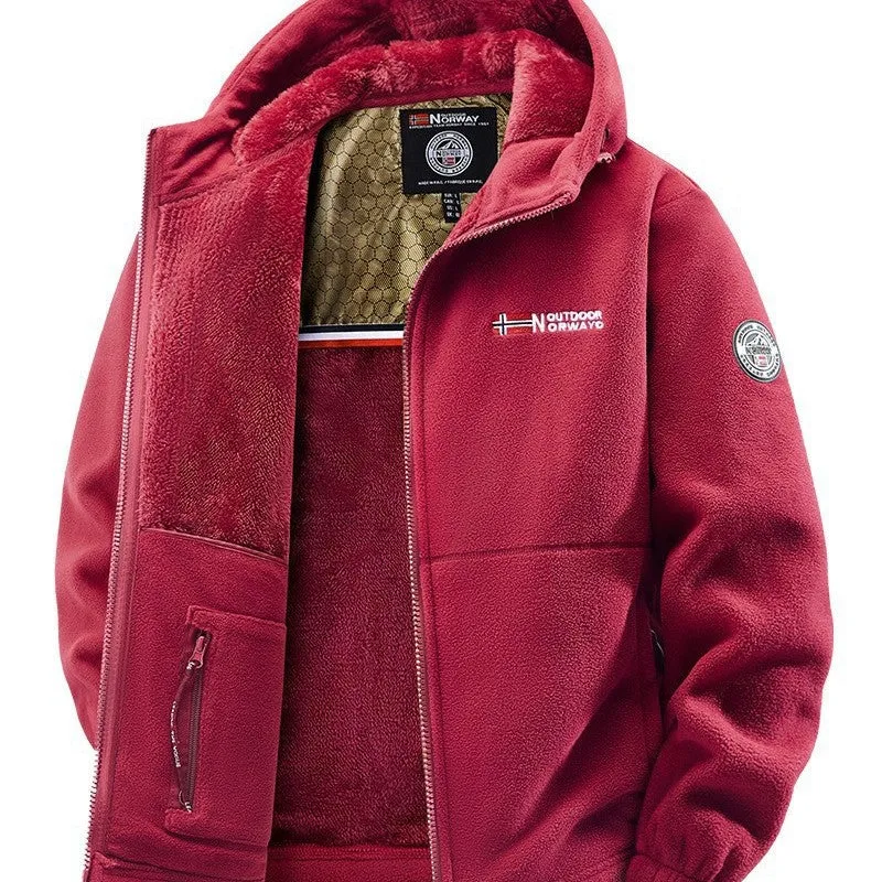 Herren Kuschelige Fleece‑Kapuzenjacke mit Teddyfutter, windabweisend und Reißverschlusstaschen Drune