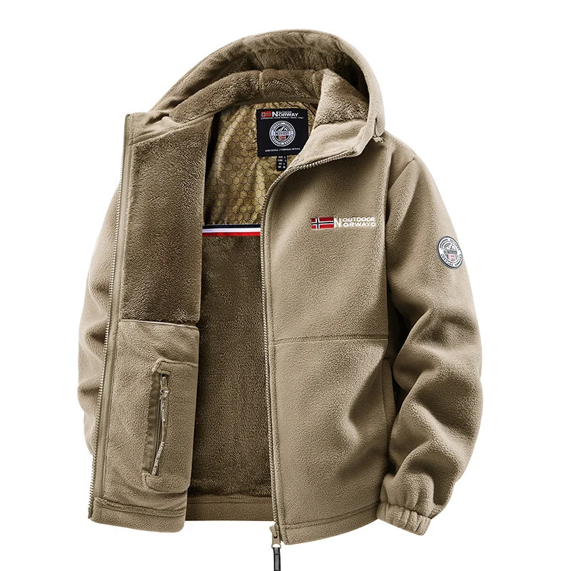 Herren Kuschelige Fleece‑Kapuzenjacke mit Teddyfutter, windabweisend und Reißverschlusstaschen Drune