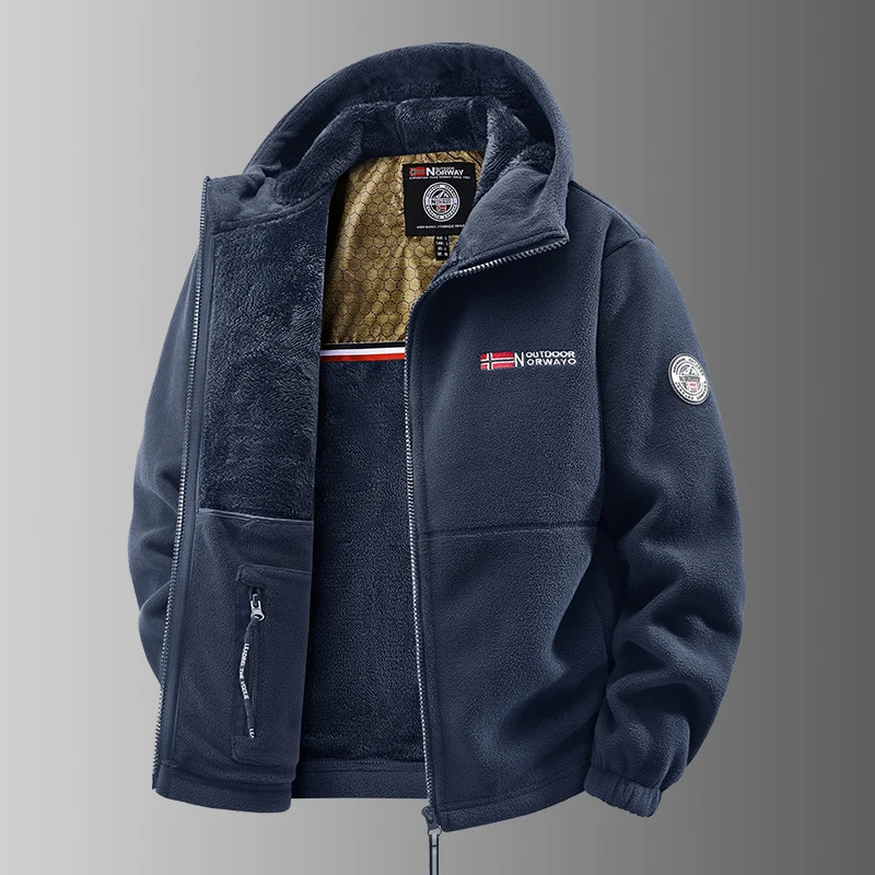 Herren Kuschelige Fleece‑Kapuzenjacke mit Teddyfutter, windabweisend und Reißverschlusstaschen Drune