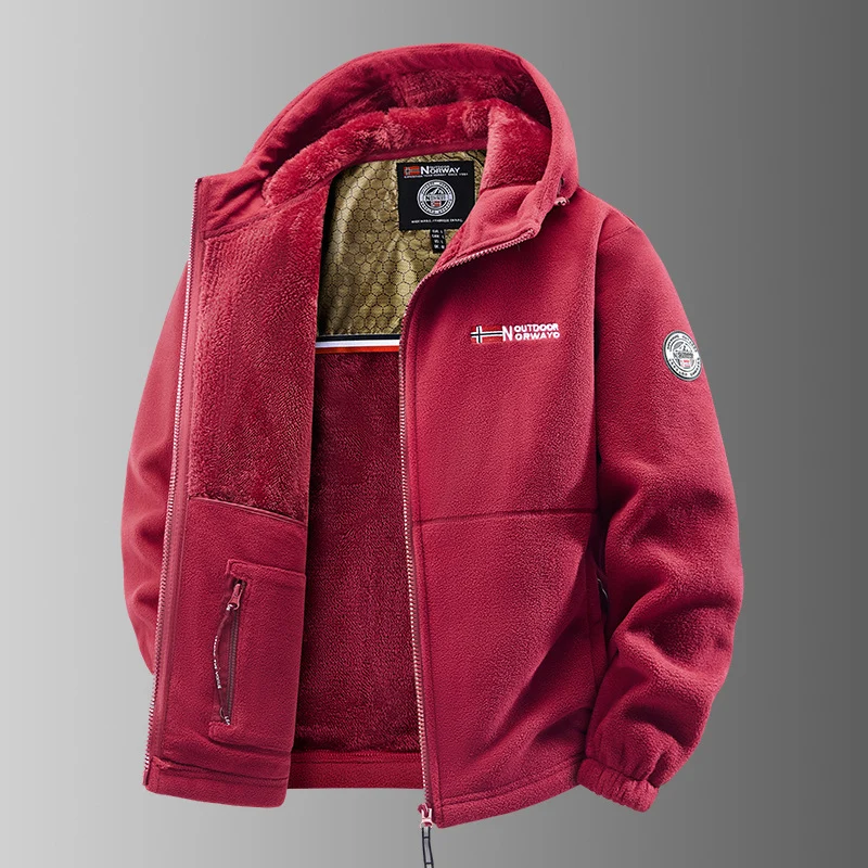 Herren Kuschelige Fleece‑Kapuzenjacke mit Teddyfutter, windabweisend und Reißverschlusstaschen Drune