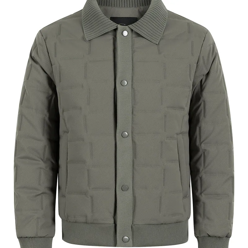 Herren Kurz geschnittene gesteppte Bomberjacke mit Rippenkragen, Druckknopfleiste und geometrischem Quilt Drune