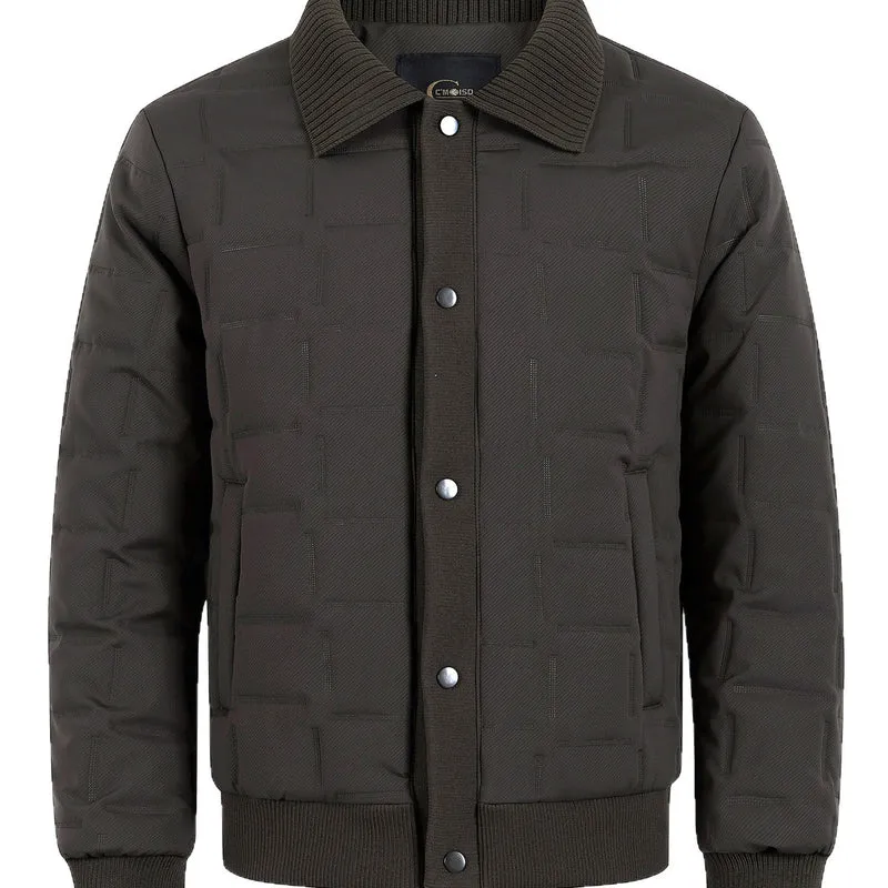 Herren Kurz geschnittene gesteppte Bomberjacke mit Rippenkragen, Druckknopfleiste und geometrischem Quilt Drune