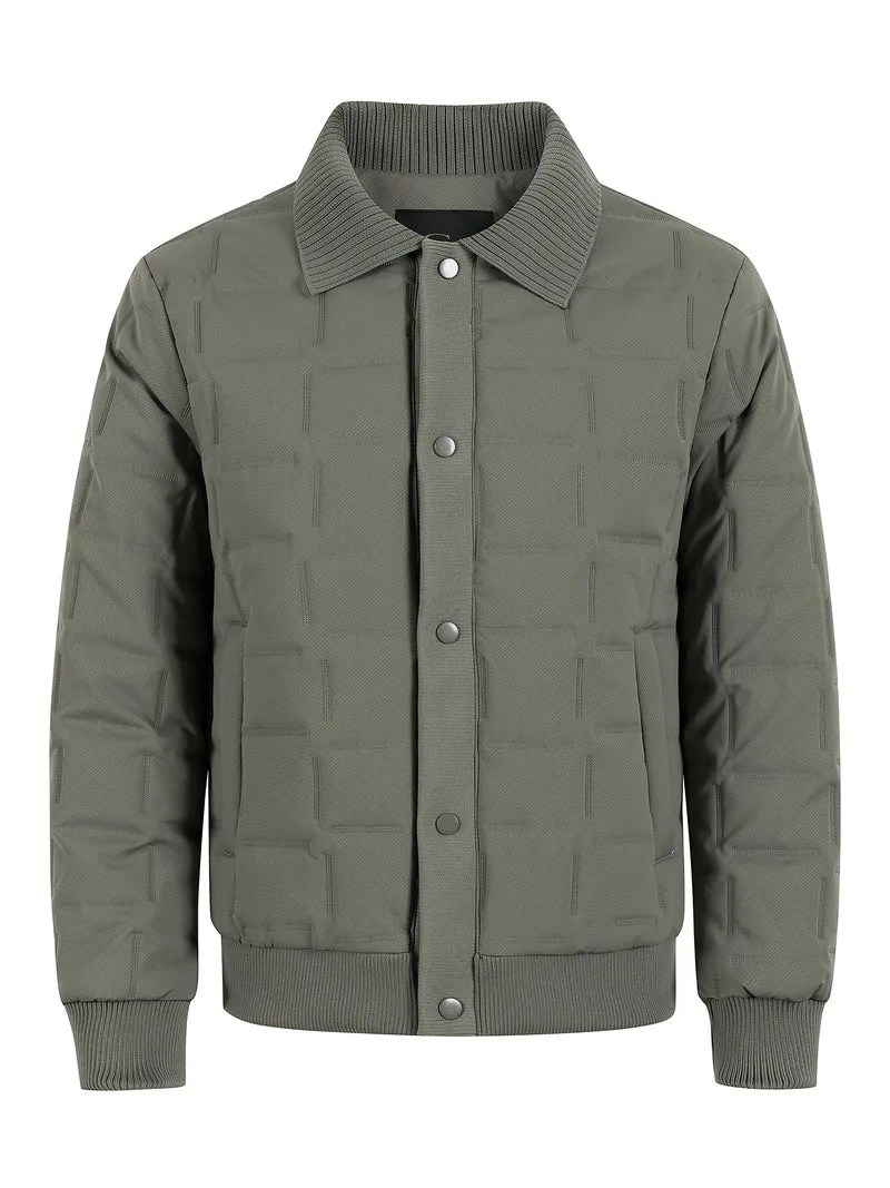 Herren Kurz geschnittene gesteppte Bomberjacke mit Rippenkragen, Druckknopfleiste und geometrischem Quilt Drune