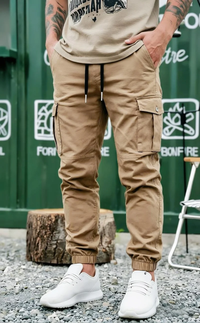 Herren Kordelzug-Cargohose im Joggerstil mit elastischen Bündchen & Mehrfachtaschen Drune