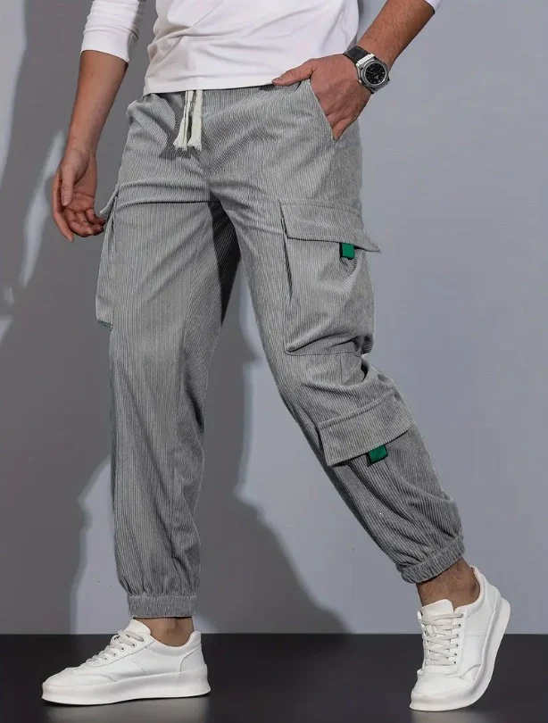 Herren Kord-Cargo-Jogginghose mit elastischem Bund, Tunnelzug & Multifachtaschen Drune