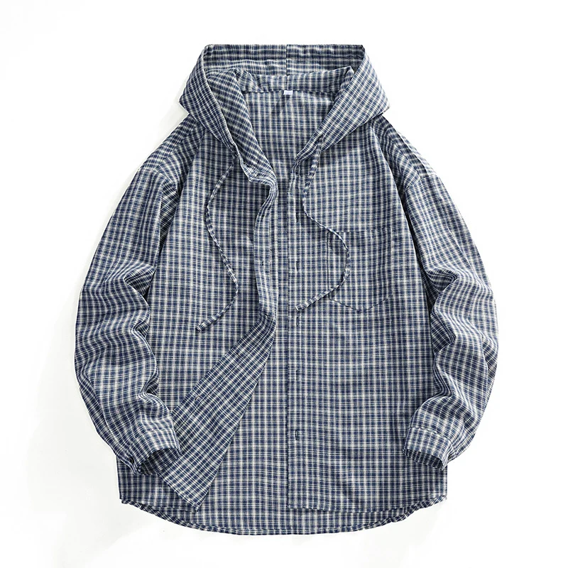 Herren Karierter Overshirt-Hoodie aus Baumwollmix mit Kapuze & Relaxed-Fit Drune