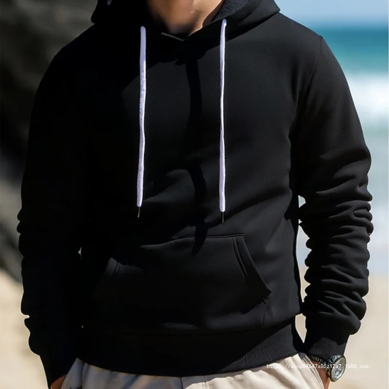 Herren Kapuzenpullover aus French‑Terry mit Kängurutasche & geripptem Saum Drune