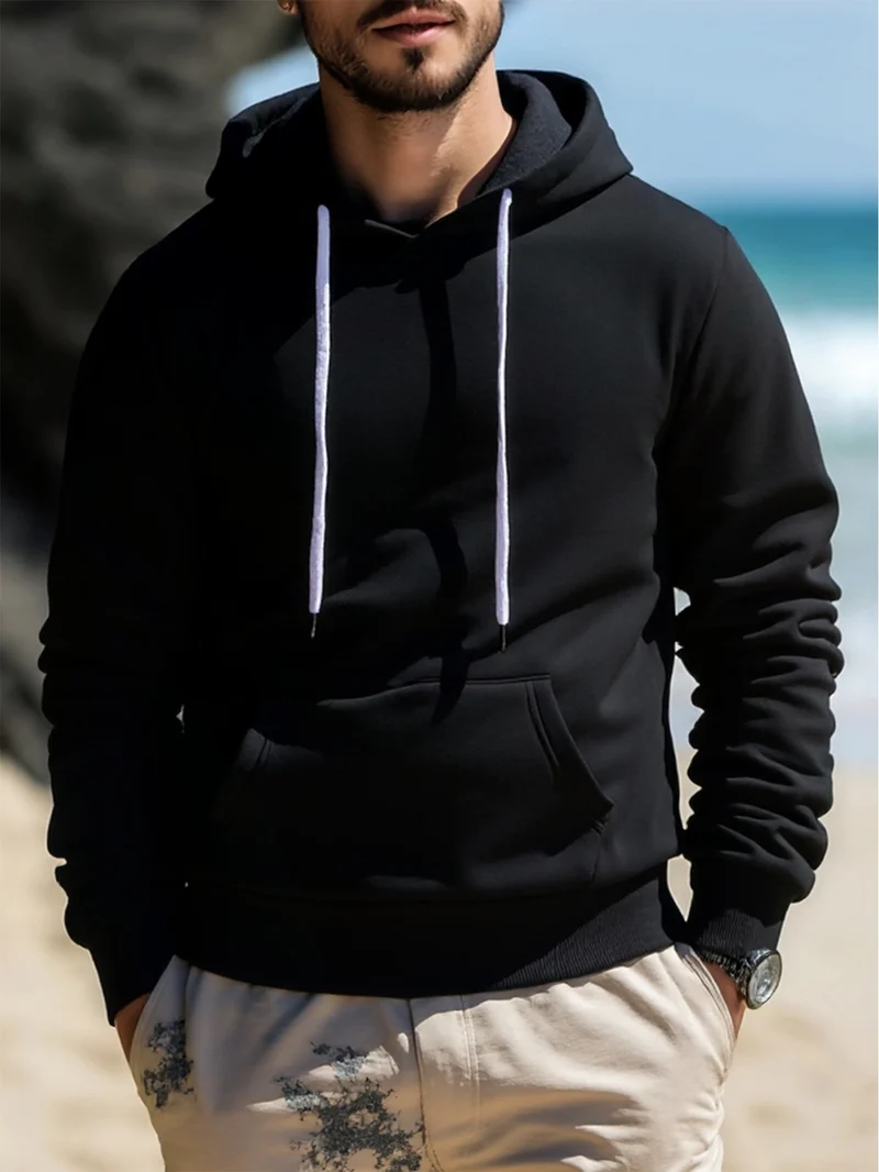 Herren Kapuzenpullover aus French‑Terry mit Kängurutasche & geripptem Saum Drune