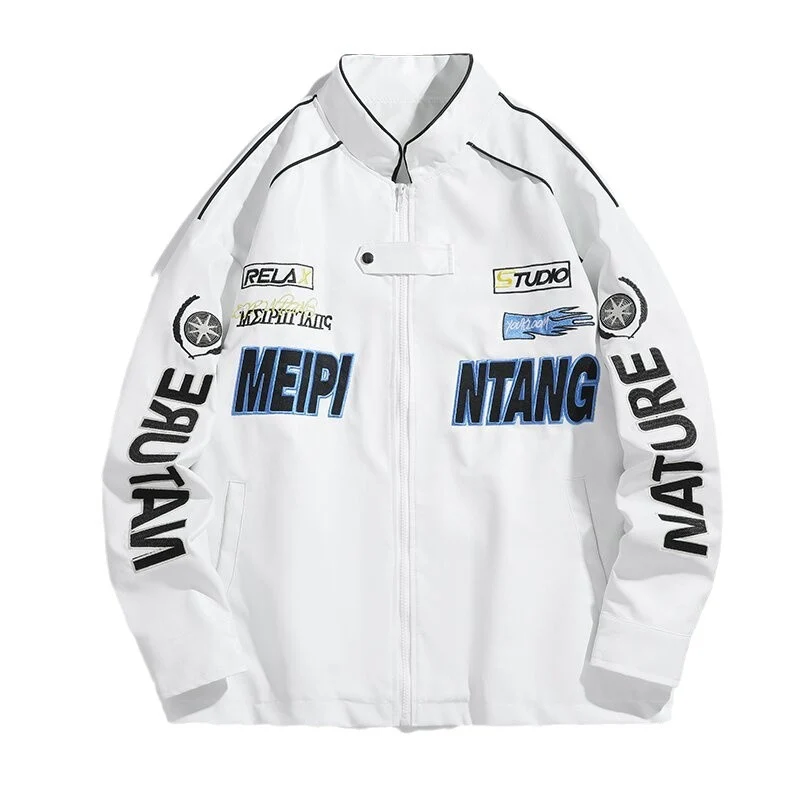 Herren gestickte Utility-Trainingsjacke im Racing‑Look mit Stehkragen Drune